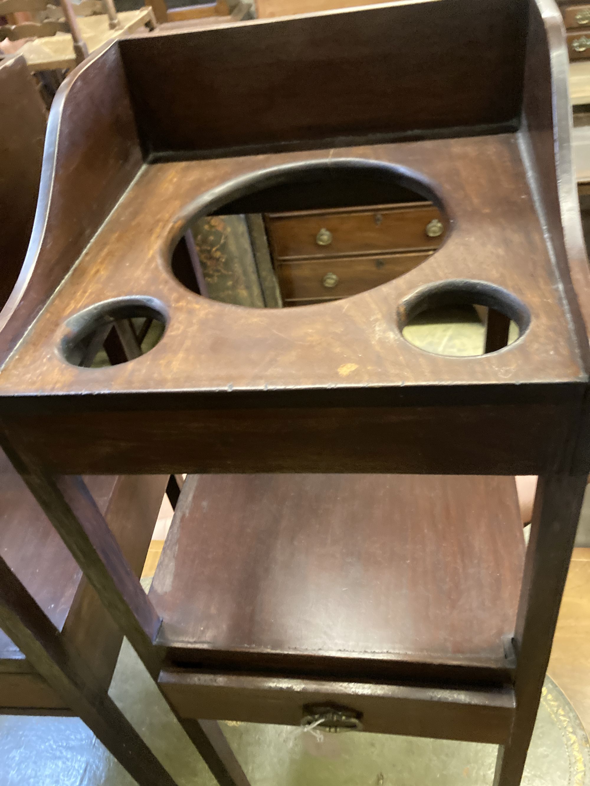 A pair of George III style bedside mahogany night tables, width 36cm, depth 36cm, height 93cm